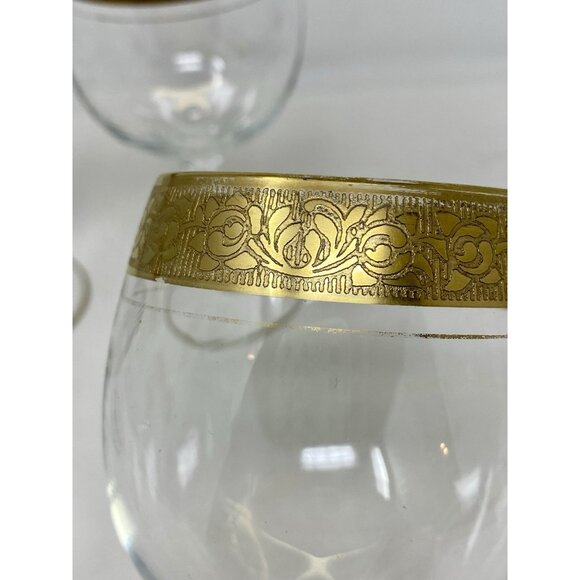 Set Of 6 Vintage MCM Double Gold Banded Wine Glasses Hexagonal Stems Plaza NYC - Picture 7 of 13